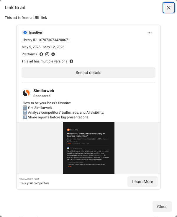 SimilarWeb's card: a screenshot of a marketing forum thread, with the link reading Track your competitors