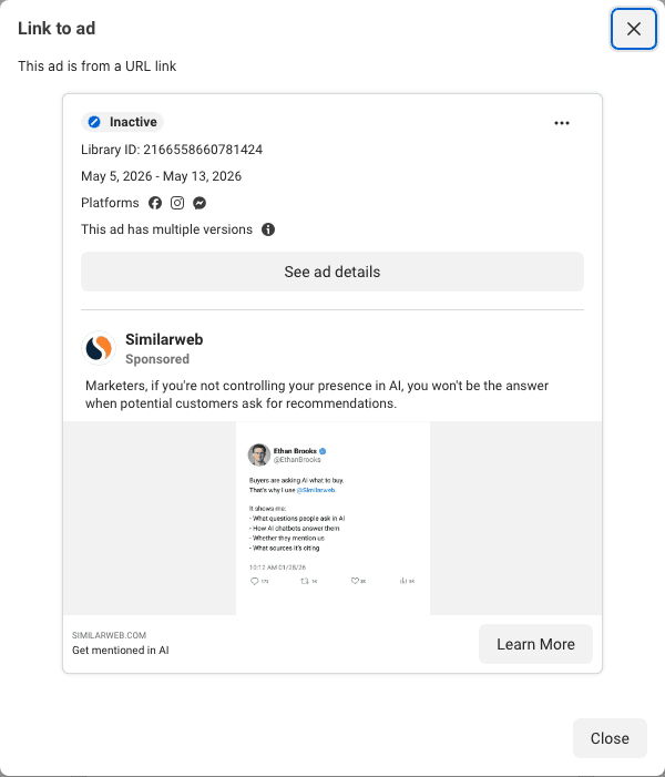 SimilarWeb's card: a screenshot of one post about buyers asking AI what to buy, with the link reading Get mentioned in AI