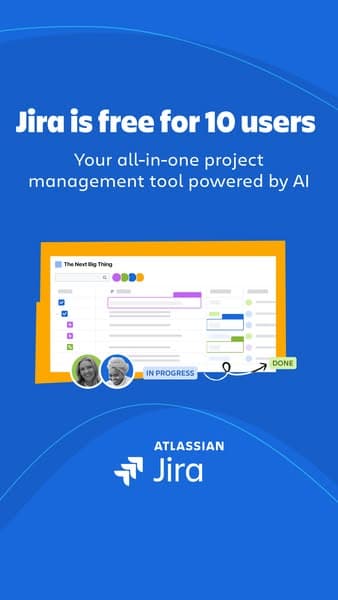 Atlassian's card: Jira is free for 10 users, your all-in-one project management tool powered by AI