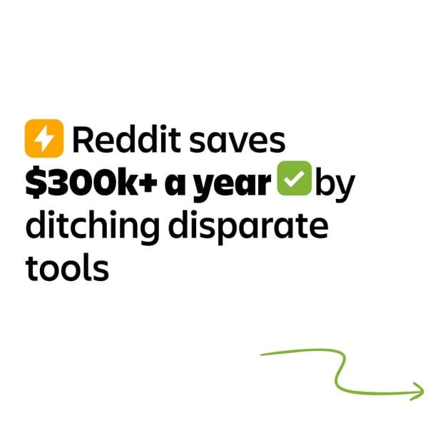 Atlassian's card: Reddit saves $300k+ a year by ditching disparate tools, a lightning bolt, a green tick, one arrow