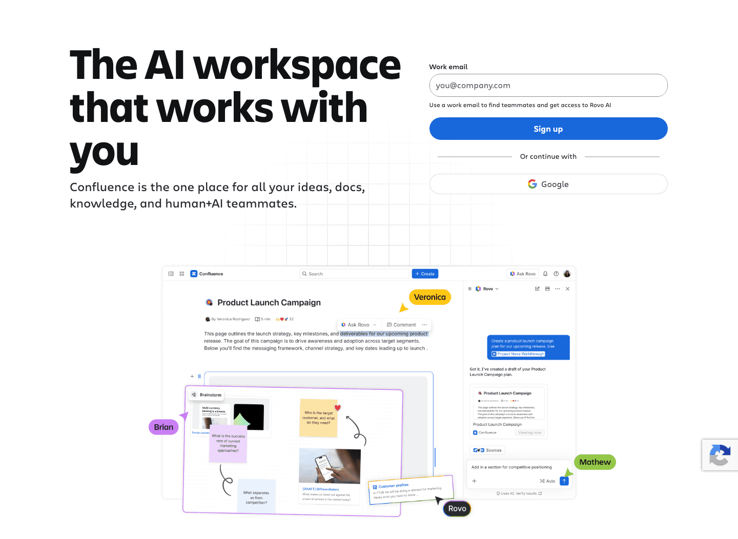 Atlassian's Confluence page: the AI workspace that works with you, one work-email field, a product screen underneath