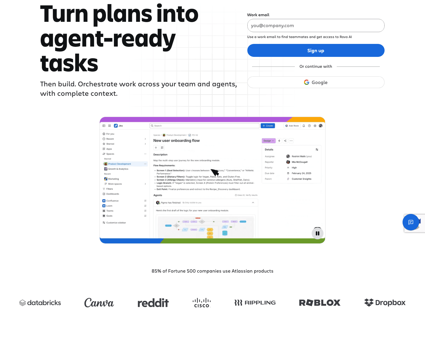 Jira hero: turn plans into agent-ready tasks, a work-email field, and seven customer logos