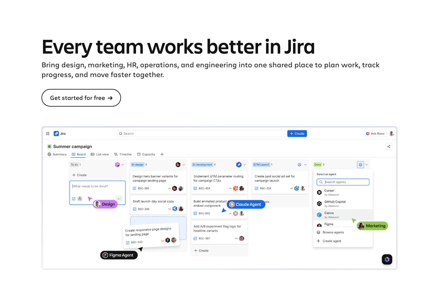 Every team works better in Jira: a board with named agents parked on the cards