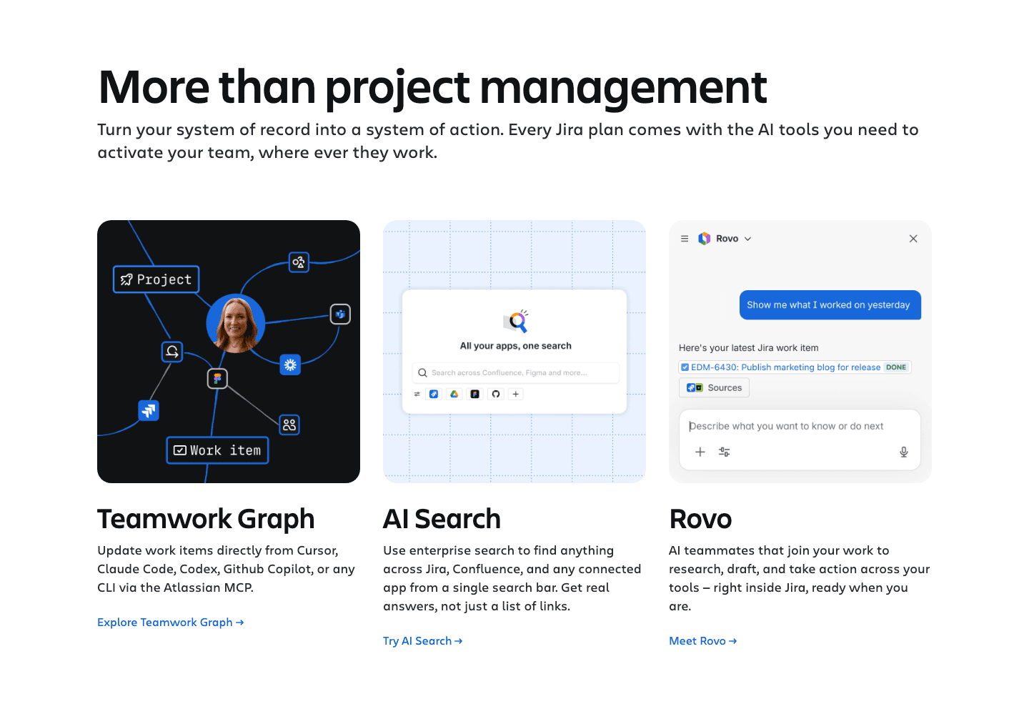 More than project management: three cards for Teamwork Graph, AI Search and Rovo