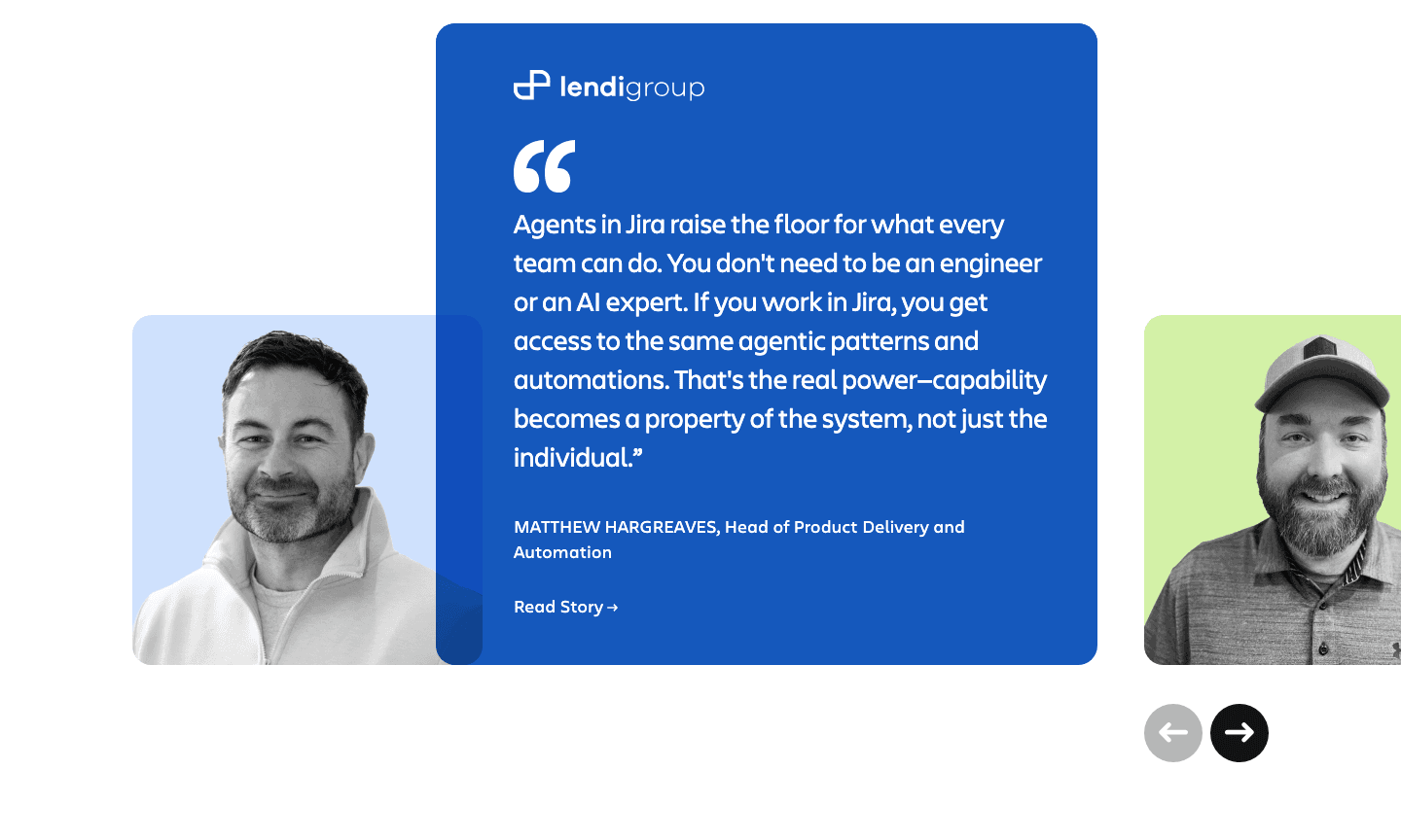 A customer quote from Lendi Group, a portrait either side of it