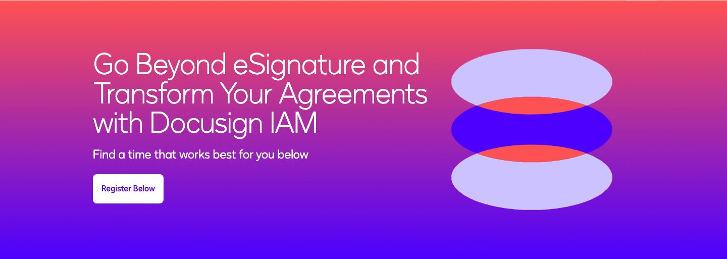 DocuSign's webinar page: a title, one line about finding a time, and a Register Below button