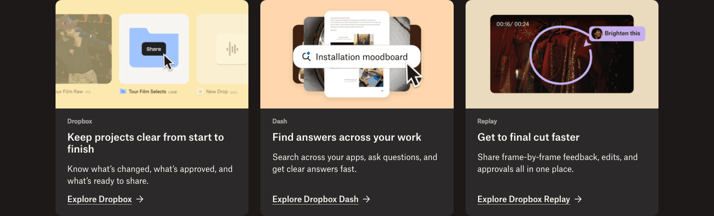 Dropbox's product row: three cards for Dropbox, Dash and Replay, three different links