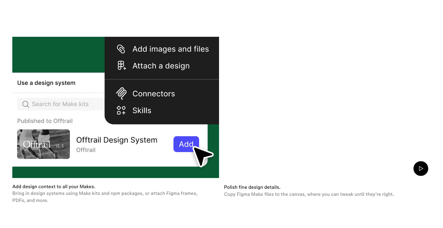 Figma Make's design-context band: add a design system, attach frames and PDFs