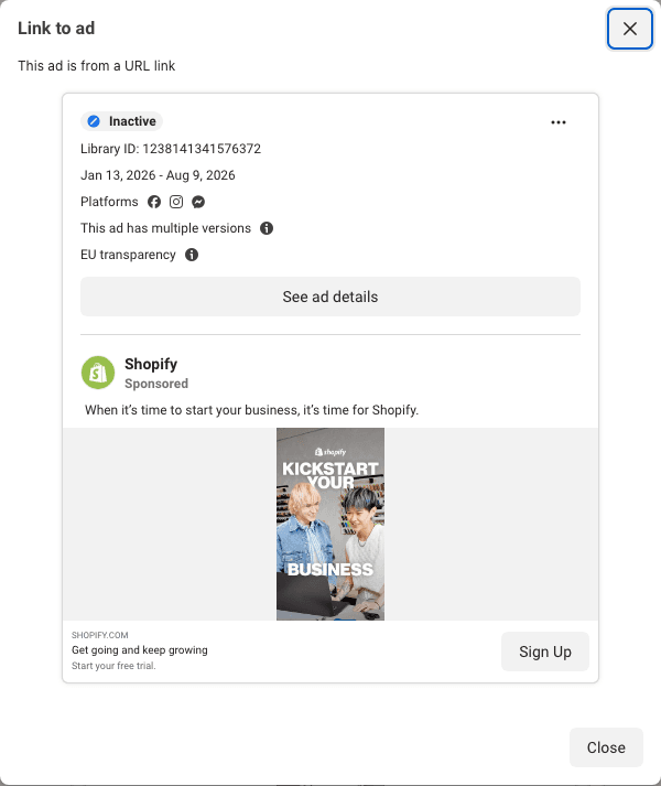 Shopify's 208-day card: the picture sells the shop, the link line sells the free trial