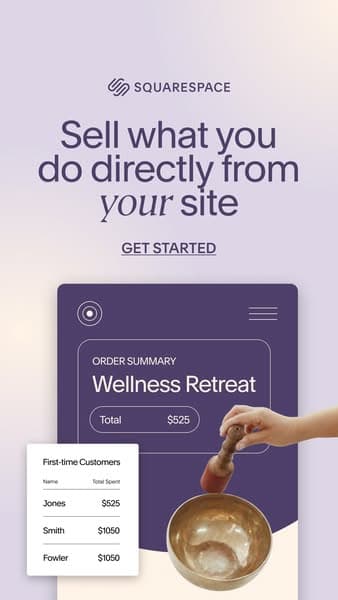 Squarespace's 143-day card: sell what you do directly from your site, an order summary for a wellness retreat, a first-time customers table