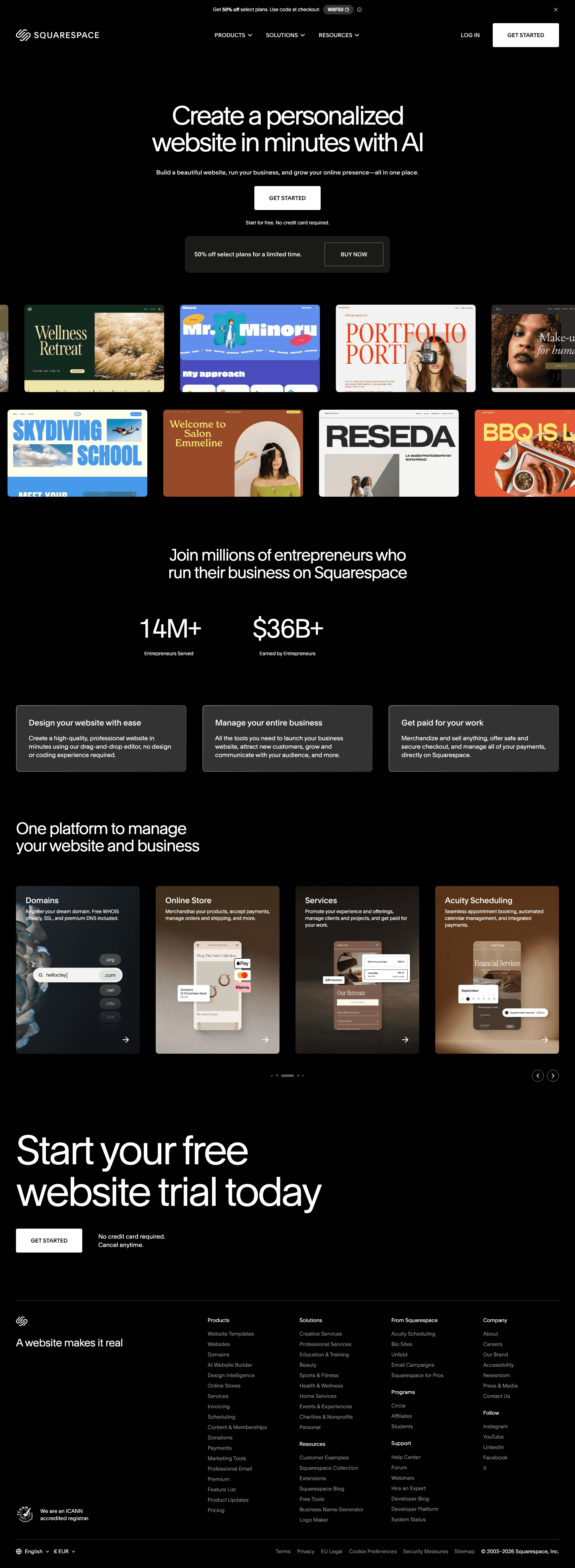 squarespace.com/go/create-a-website, the whole page 29 of its ads land on