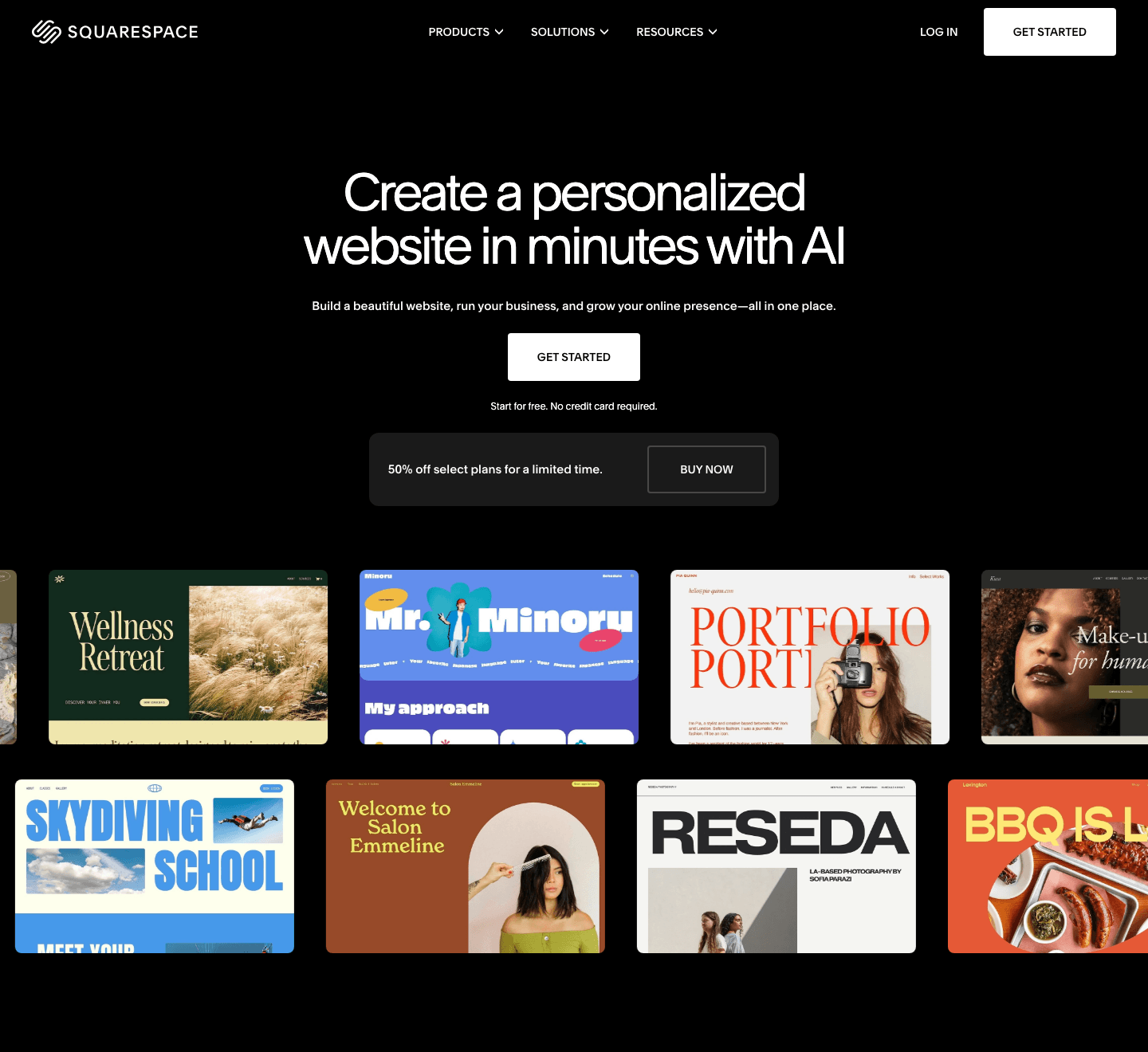 Squarespace's /go/ page: create a personalized website in minutes with AI, a get-started button, and a 50% off bar under it