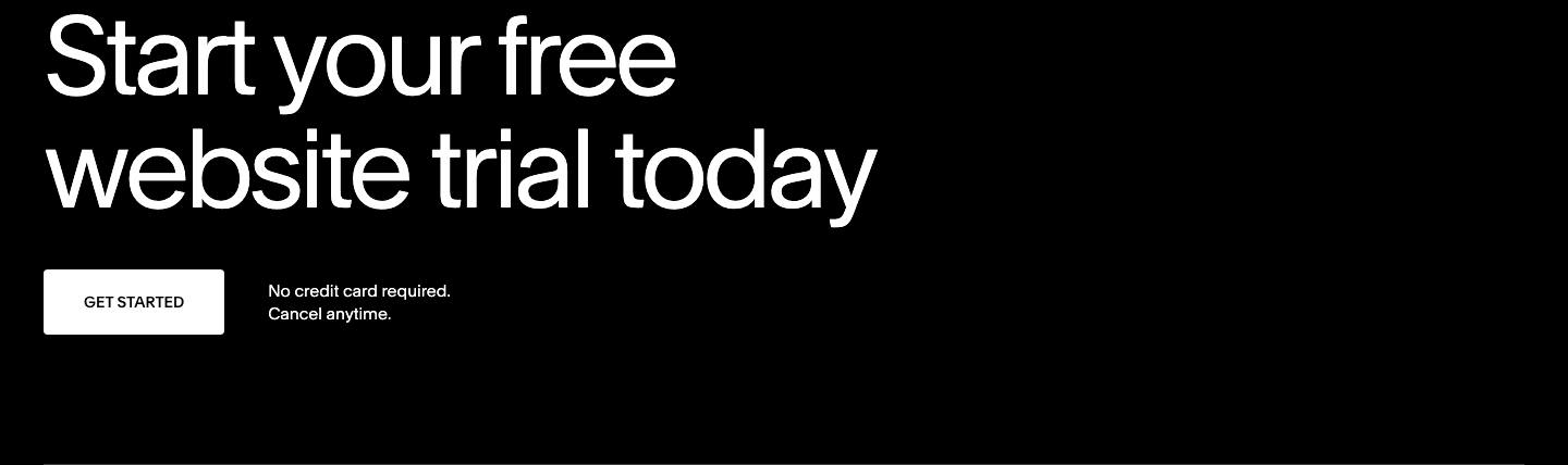 Squarespace's closer: start your free website trial today, a get-started button, no credit card required, cancel anytime