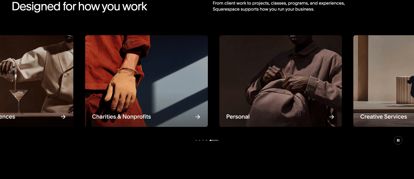 Designed for how you work: a dark carousel of business types, Charities and Nonprofits, Personal, Creative Services