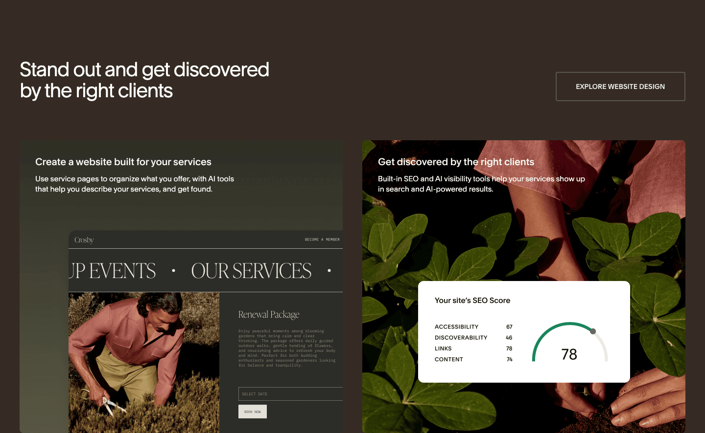 Stand out and get discovered by the right clients: a service page on the left, an SEO score of 78 on the right