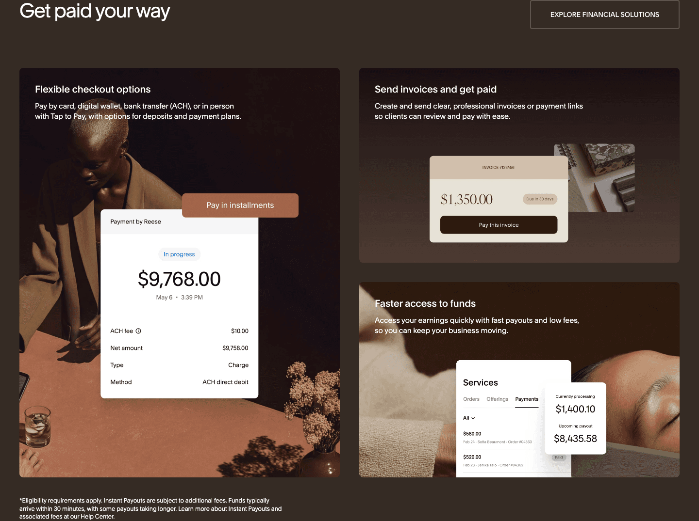 Get paid your way: a $9,768 payment in progress, an invoice for $1,350, a payouts panel