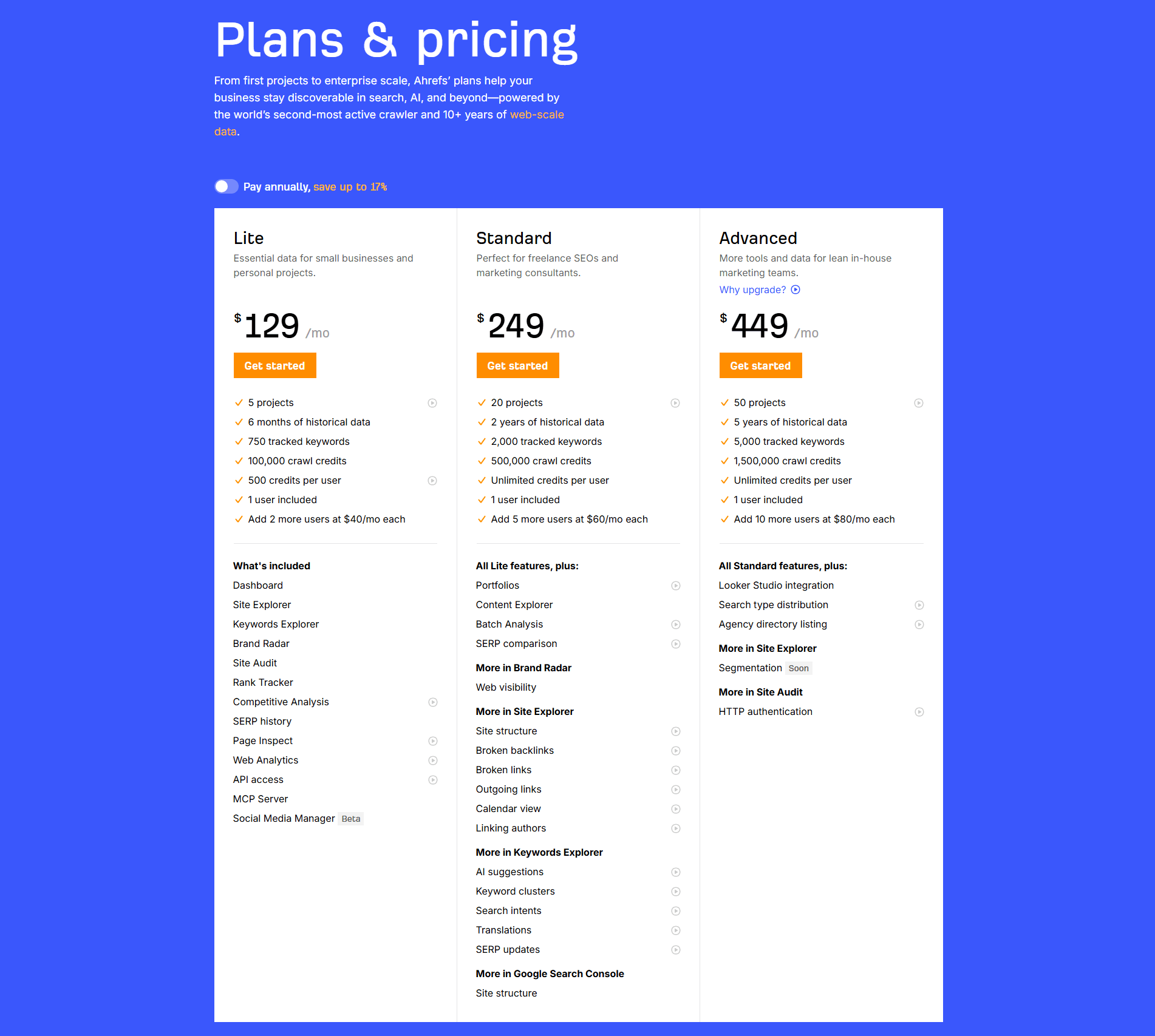 Pricing section example from Ahrefs
