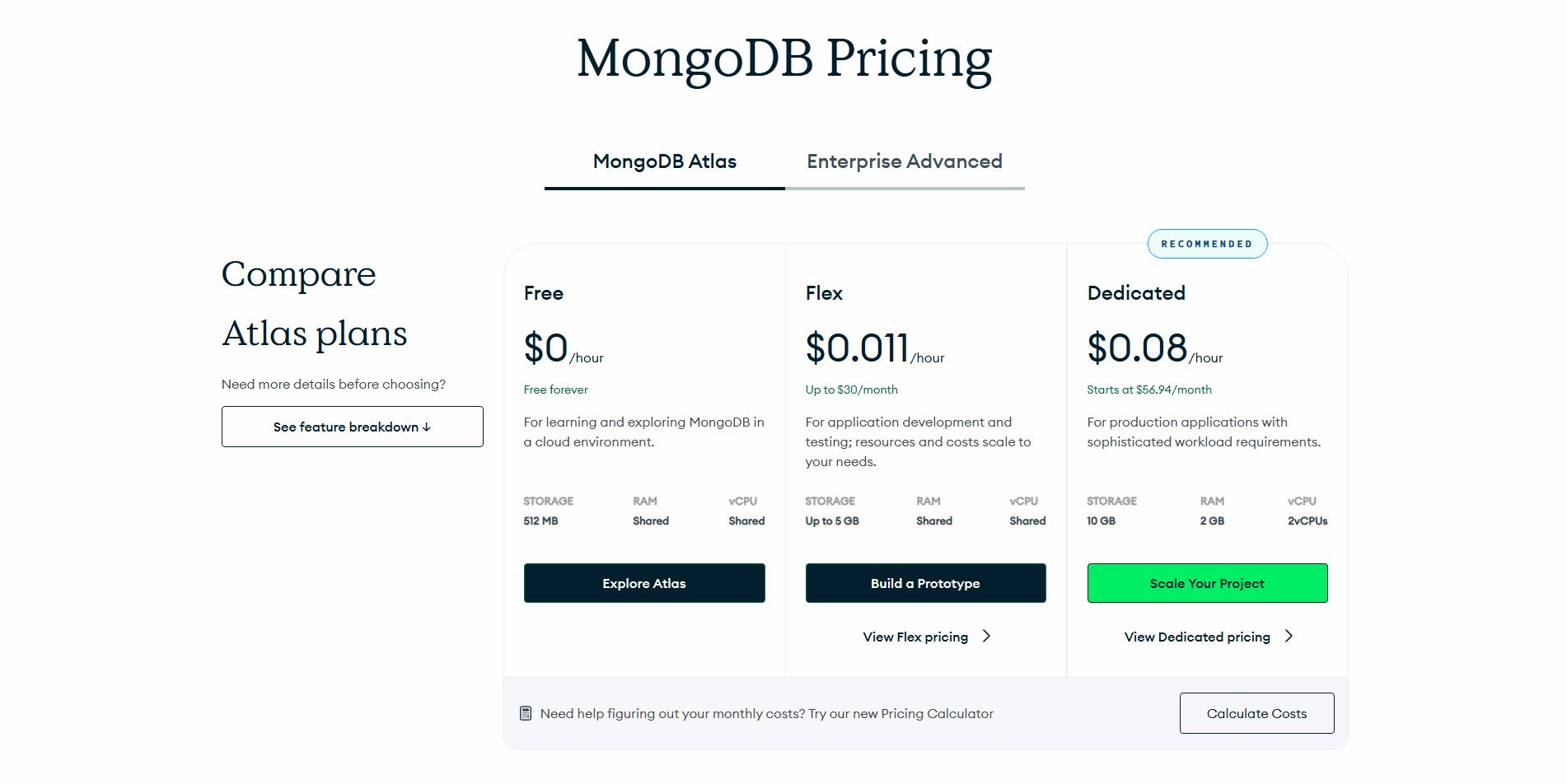 Pricing section example from MongoDB