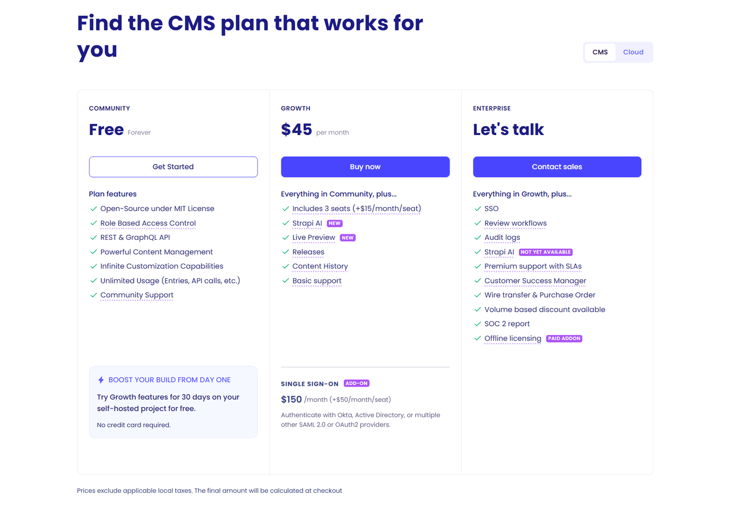 Strapi pricing section