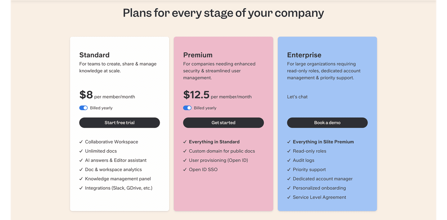 Pricing section example from Slite
