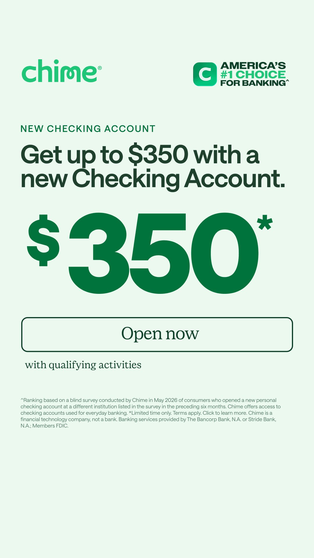 Chime: get up to $350 with a new checking account