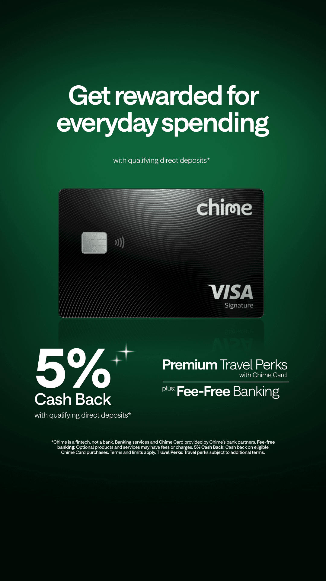 Chime: 5% cash back, premium travel perks, fee-free banking