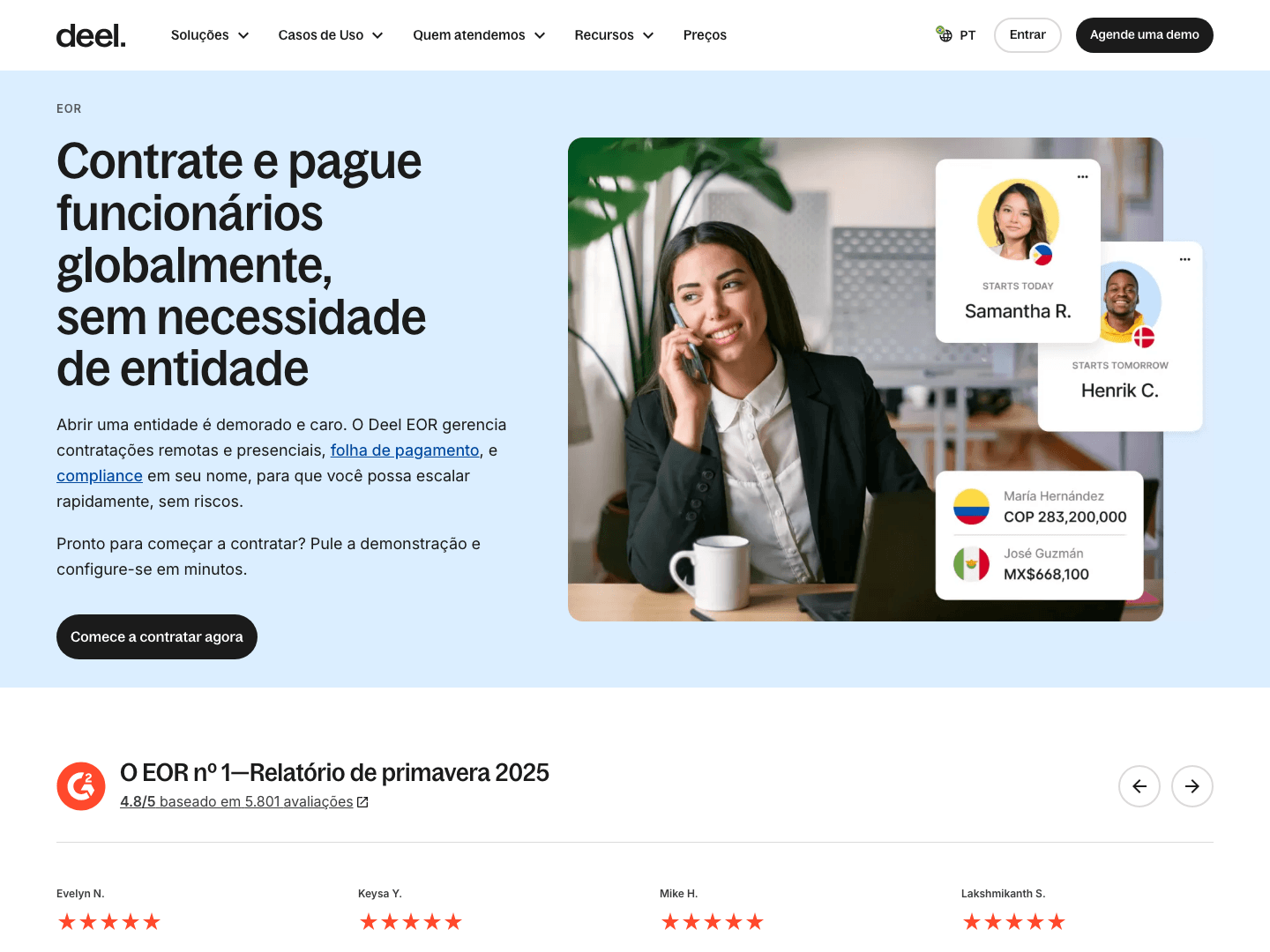 Deel's Portuguese payroll page: the ad's language, carried onto the page