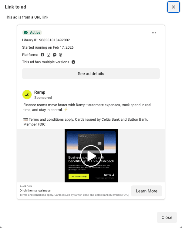 Ramp's ad in the Meta Ad Library: active since February 17, 2026