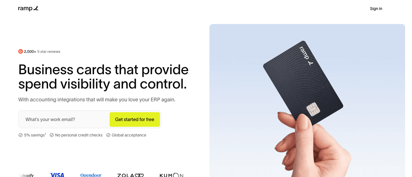 Ramp business-cards hero: proof, outcome, action, reassurance in one screen