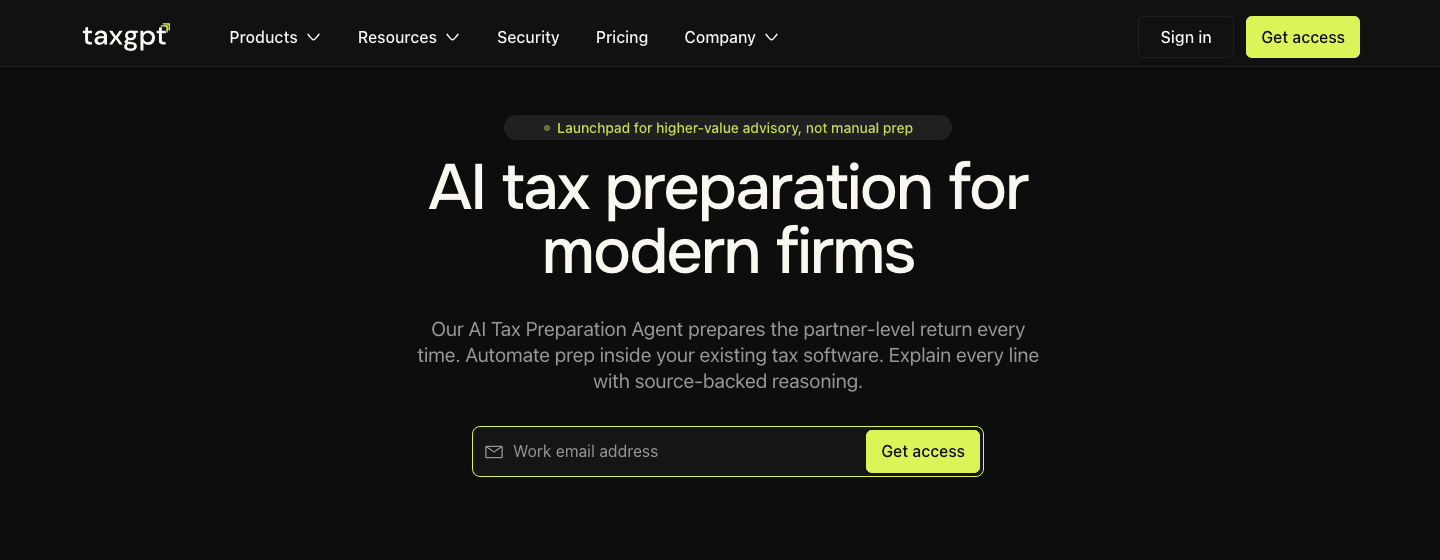TaxGPT hero: names the buyer, one email field, integration logos