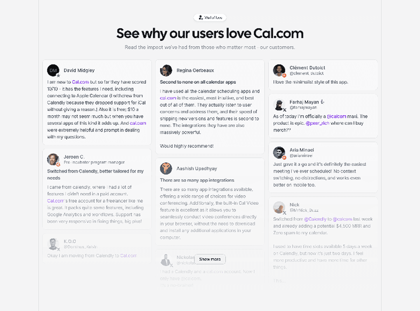 Testimonial section example from Cal.com