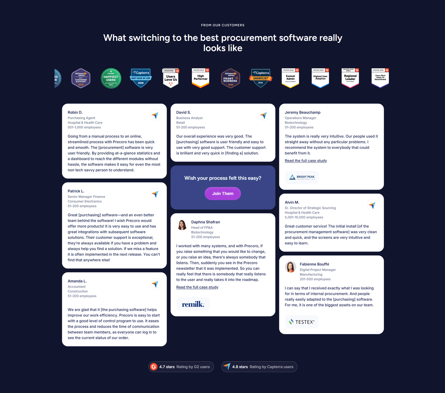 Precoro testimonial section